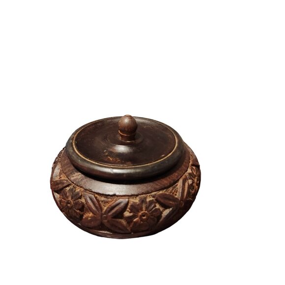 Handmade Vintage Carved Wooden Trinket Box With Lid Floral Design 3.5 Inch Heigh - Picture 4 of 14